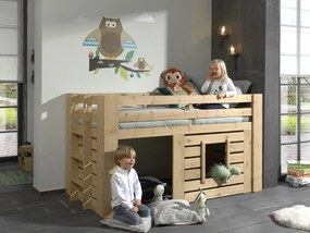 Pat dublu OLIVE, 90 x 200 cm, din pin masiv cu finisaj stejar, cu spațiu multifuncțional dedesubt, scară și fereastră montabile pe stânga sau dreapta