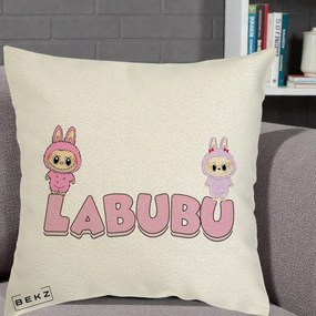 Perna Personalizata Labubu Duo Roz-Lila cu Text, 40x40 cm, Ecru, Husa Detasabila, Perna Inclusa, BEKZ®