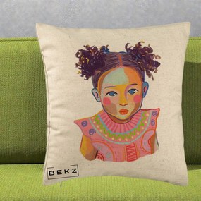 Perna Decorativa Fetita Vesela Portret Colorat, 40x40 cm, Bej, Husa Detasabila, Perna Inclusa, BEKZ®