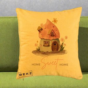 Perna Decorativa Home Sweet Home Casuta, 40x40 cm, Galben, Husa Detasabila, Perna Inclusa, BEKZ®