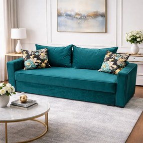 Canapea LARISA extensibila, 3 locuri, cu lada de depozitare, catifea turcoaz , 220x95x85 Turcuaz, Catifea