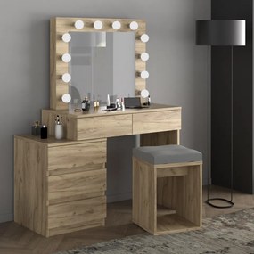 SEM510 - Set Masa toaleta, 112 cm, cosmetica machiaj, masuta vanity, oglinda cu LED-uri cu sau fără Priza, cu sau fara scaun - Culoarea Stejar