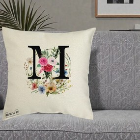 Cadou Personalizat - Perna Personalizata Monogram Litera M cu Flori Acuarela, 40x40 cm, Ecru, Husa Detasabila, Perna Inclusa, BEKZ®