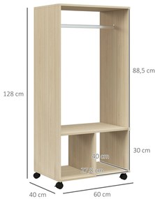 HOMCOM Dulap dressing cu rafturi 2 compartimente cu 4 rotile pivotante dim. 60L x 40l x 128H cm lemn natural | Aosom Romania