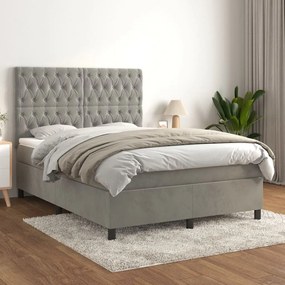 Pat box spring cu saltea, gri deschis, 140x200 cm, catifea Gri deschis, 140 x 200 cm, Design cu nasturi