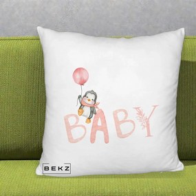 Perna Personalizata Baby Pinguin Roz, 40x40 cm, Alb Pufos, Husa Detasabila, Perna Inclusa, BEKZ®