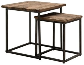 Set 2 masute laterale din metal si lemn reciclat, cu aspect vintage, Oregon