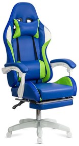 Scaun gaming albastru piele ecologica cu suport picioare si banda LED RGB OFF 298