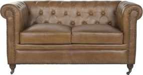 Canapea Chesterfield cu 2 locuri din piele, maro, spătar și brațe capitonate cu ținte, picioare cu rotile, finisaj patinat, 76 x 148 x 80 cm,