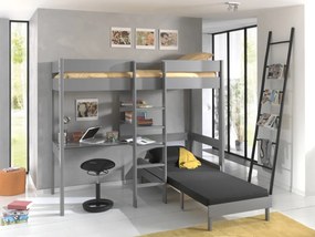 PINO Pat copii LOFT CU CANAPEA EXTENSIBILĂ 90 X 200 CM GRI