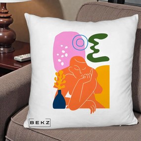 Perna Decorativa Femeie Meditand Abstract, 40x40 cm, Alb Pufos, Husa Detasabila, Perna Inclusa, BEKZ®