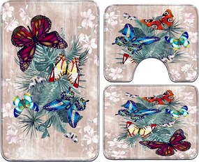 Set covoare baie antiderapante, 3 piese, model fluturi tropicali