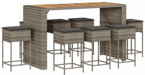 3261520 vidaXL Set mobilier bar de grădină, cu perne, 9 piese, gri, poliratan