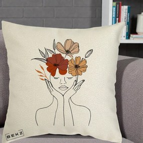 Perna Decorativa Portret Feminin Coroana Trei Flori, 40x40 cm, Ecru, Husa Detasabila, Perna Inclusa, BEKZ®