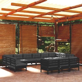 3097287 vidaXL Set mobilier grădină cu perne, 13 piese, negru, lemn de pin