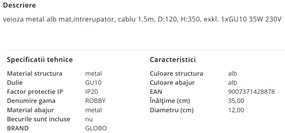 Veioza minimalista cu spot directionabil ROBBY alba