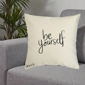 Perna Decorativa Be Yourself Caligrafie Neagra, 40x40 cm, Ecru, Husa Detasabila, Perna Inclusa, BEKZ®