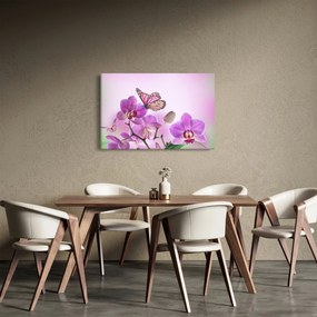 Tablou - Fluture pe flori de orhidee, liliac (90x60 cm)