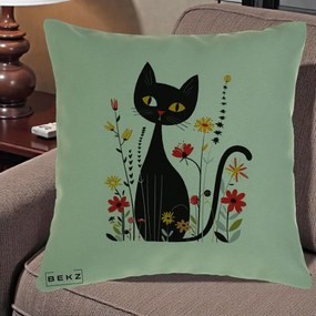Perna Decorativa Pisica Neagra Ochi Galbeni Flori, 40x40 cm, Verde, Husa Detasabila, Perna Inclusa, BEKZ®