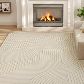 HOMCOM Covor living 160 x 120 cm, covor pufos cu model geometric, gros și antiderapant, crem | Aosom Romania