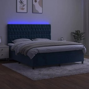 Pat cu arcuri, saltea si LED, bleumarin, 160x200 cm, catifea Albastru inchis, 160 x 200 cm, Design cu nasturi