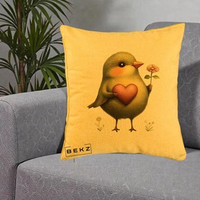 Perna Decorativa Pasare Verde cu Inima si Floare, 40x40 cm, Galben, Husa Detasabila, Perna Inclusa, BEKZ®