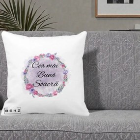 Cadou pentru Soacra - Perna Personalizata Cea mai Buna Soacra cu Coronita Flori Roz si Mov, 40x40 cm, Alba Mata, Husa Detasabila, Perna Inclusa, BEKZ®