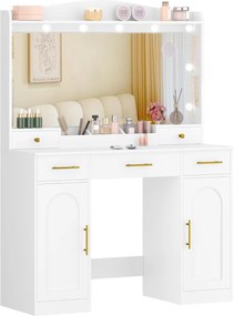 Masuta machiaj cu Oglinda LED si 5 Sertare pentru Cosmetice, Set Masa toaleta 108 cm, Alb, masuta cosmetica, vanity - SEA911