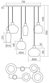 Lustră pe cablu Redo 01-4047 ATLANTIS 6xE27/42W/230V negru