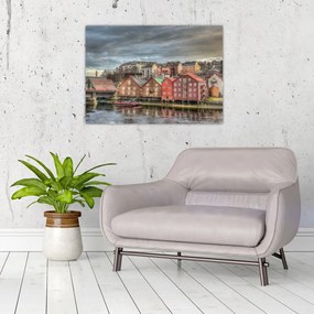 Tablou pe sticlă - Case lângă râu (70x50 cm)