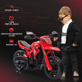 AIYAPLAY Motocicletă Electrică pentru Copii 3-8 Ani, 2 Motoare 12V, Roți Ajutătoare și Claxon, 3 Km/h, 30 Kg, Roșu | Aosom Romania