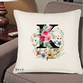Cadou Personalizat - Perna Personalizata Monogram Litera K cu Flori Acuarela, 40x40 cm, Crem Reliefat, Husa Detasabila, Perna Inclusa, BEKZ®