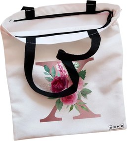 Sacosa de Panza pentru Cumparaturi, Geanta Tote, Cu litera X Rose Gold si Trandafiri, Cu fermoar, 38x34.5 cm, Alba, BEKZ®