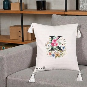 Cadou Personalizat - Perna Personalizata Monogram Litera K cu Flori Acuarela, 40x40 cm, Bej cu Franjuri, Husa Detasabila, Perna Inclusa, BEKZ®