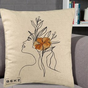 Perna Decorativa Portret Feminin Floare Portocalie Lateral, 40x40 cm, Bej, Husa Detasabila, Perna Inclusa, BEKZ®