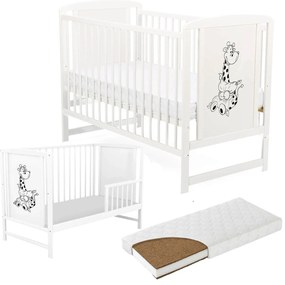 Patut din lemn masiv 120x60 cm Bria alb si saltea cocos LUX 120x60x12 cm, include bariera, reglabil pe 3 nivele, certificat EN71