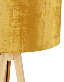 Lampă de podea din lemn cu nuanță de stofă aur 50 cm - Tripod Classic