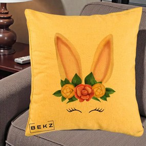 Perna Decorativa Iepuras Flori Urechi Pastelui, 40x40 cm, Galben, Husa Detasabila, Perna Inclusa, BEKZ®