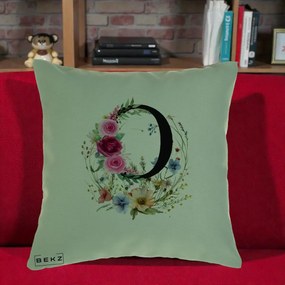 Cadou Personalizat - Perna Personalizata Monogram Litera O cu Flori Acuarela, 40x40 cm, Verde, Husa Detasabila, Perna Inclusa, BEKZ®