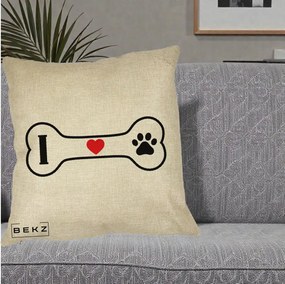 Perna Personalizata I Love Dog Os si Labuta, 40x40 cm, Crem, Husa Detasabila, Perna Inclusa, BEKZ®