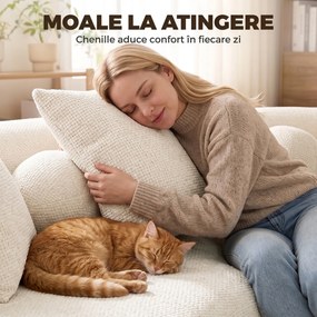 HOMCOM Canapea 3 locuri fără cadru, cu șezut amplu și adânc, spătar curbat, 2 perne, chenille, crem | Aosom Romania