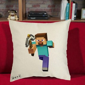 Perna Personalizata Minecraft Steve, 40x40 cm, Ecru, Husa Detasabila, Perna Inclusa, BEKZ®