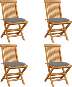 vidaXL Scaune grădină cu perne gri, 4 buc., lemn masiv de tec