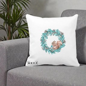 Perna Decorativa Coroana Turcoaz cu Veverita, 40x40 cm, Alba Mata, Husa Detasabila, Perna Inclusa, BEKZ®