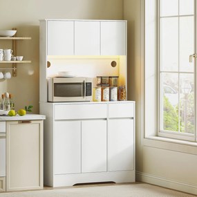 HOMCOM Bufet de bucătărie mobilier de bucătărie înălțat cu lumină LED RGB, blat de lucru, 6 uși, 2 sertare, alb | Aosom Romania