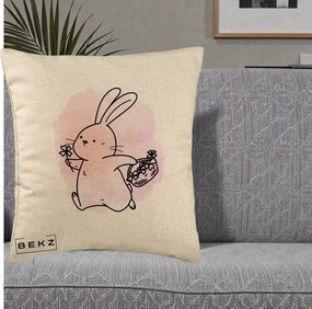 Perna Decorativa Iepuras Kawaii cu Cosulet Floral, 40x40 cm, Bej, Husa Detasabila, Perna Inclusa, BEKZ®