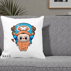 Perna Personalizata Labubu x Tony Tony Chopper, 40x40 cm, Alba Mata, Husa Detasabila, Perna Inclusa, BEKZ®