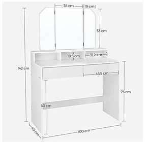 Masa de toaleta, Vasagle, cu oglinda, Alb, RDT115W01, 40 x 100 x 142 cm