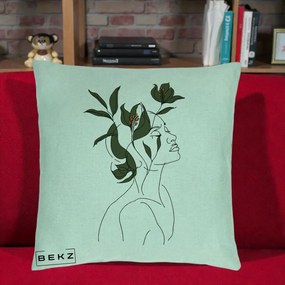 Perna Decorativa Portret Feminin Crin Verde, 40x40 cm, Verde Menta, Husa Detasabila, Perna Inclusa, BEKZ®