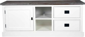 Comodă TV lemn masiv alb Lahoma 5 compartimente /Maro, 133 × 43 × 55 cm